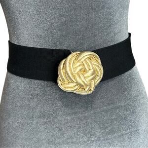 Vintage Waist Belt- 3d puffy Clasp - Gold Fabric- Black Stretch M/L, some wear